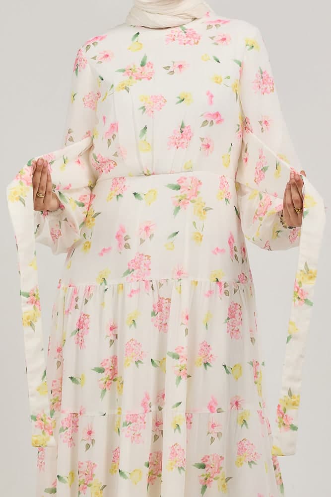 Fenara Floral Harmony Chiffon Maxi Dress with Enchanted Sleeves and Waist Tie in white, view 7