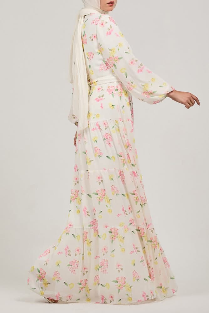 Fenara Floral Harmony Chiffon Maxi Dress with Enchanted Sleeves and Waist Tie in white, view 5