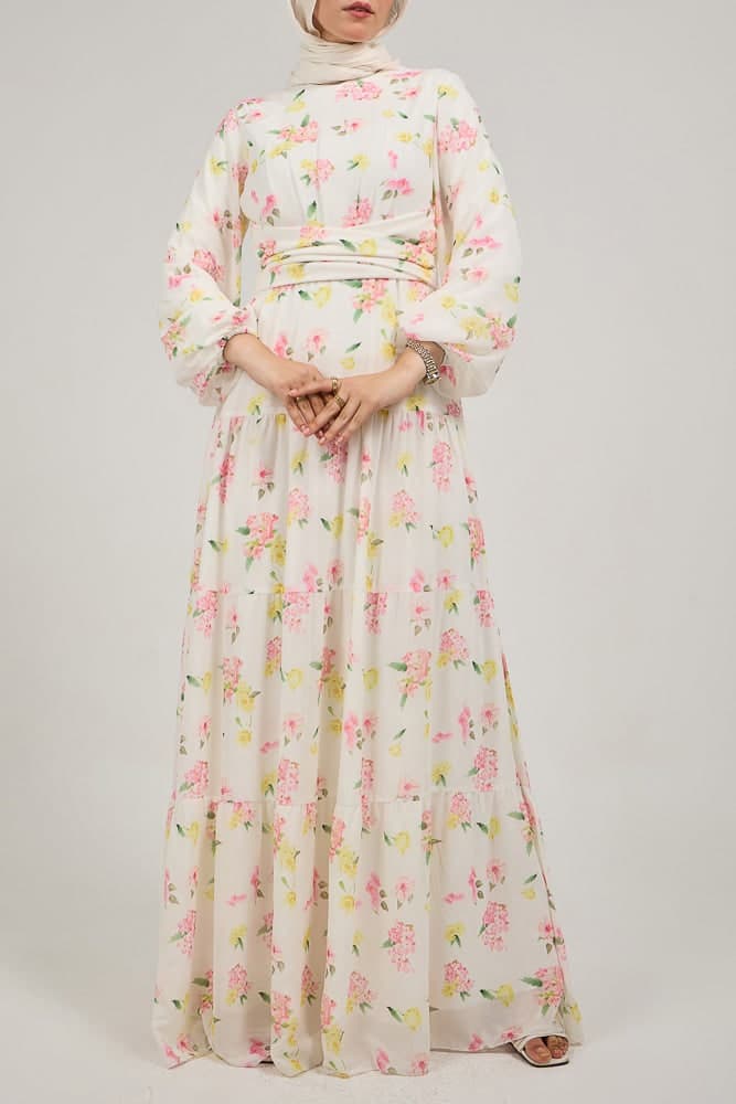 Fenara Floral Harmony Chiffon Maxi Dress with Enchanted Sleeves and Waist Tie in white, view 6