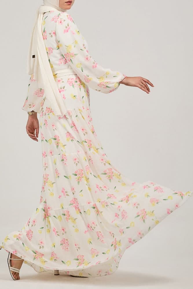Fenara Floral Harmony Chiffon Maxi Dress with Enchanted Sleeves and Waist Tie in white, view 3
