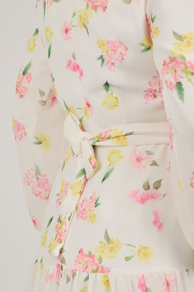 Fenara Floral Harmony Chiffon Maxi Dress with Enchanted Sleeves and Waist Tie in white, view 8