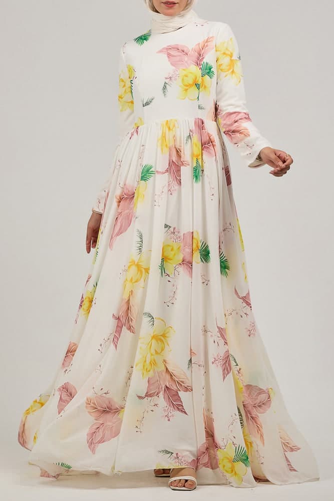 Thuraya Blossom Elegance Chiffon Maxi Dress with Floral Print - ANNAH HARIRI