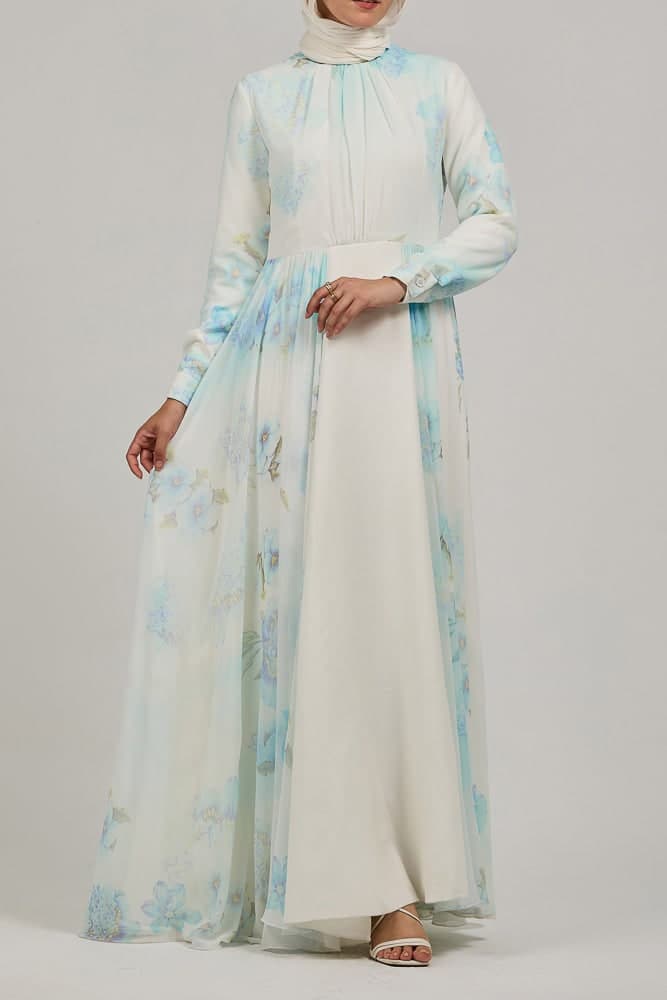Elarae Serene Sky Chiffon Maxi Dress with Floral Print in light blue, view 4