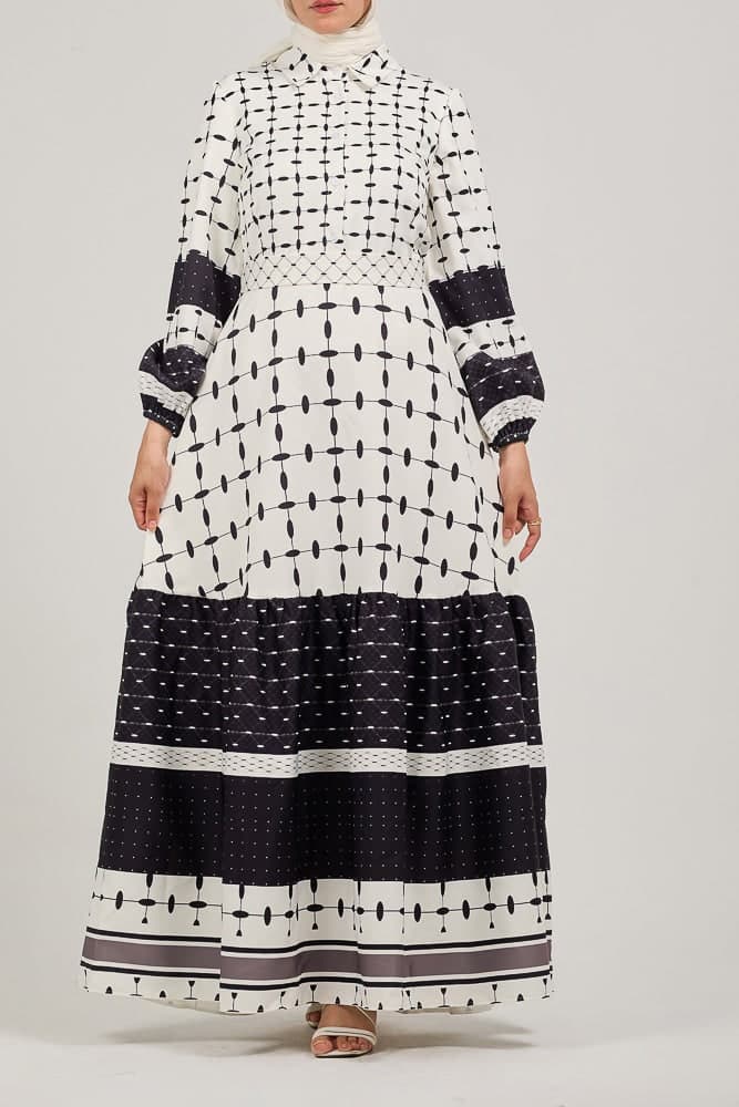 Jorielle Elegance in Monochrome: Polymix Geometric Maxi Dress in black and white, view 5