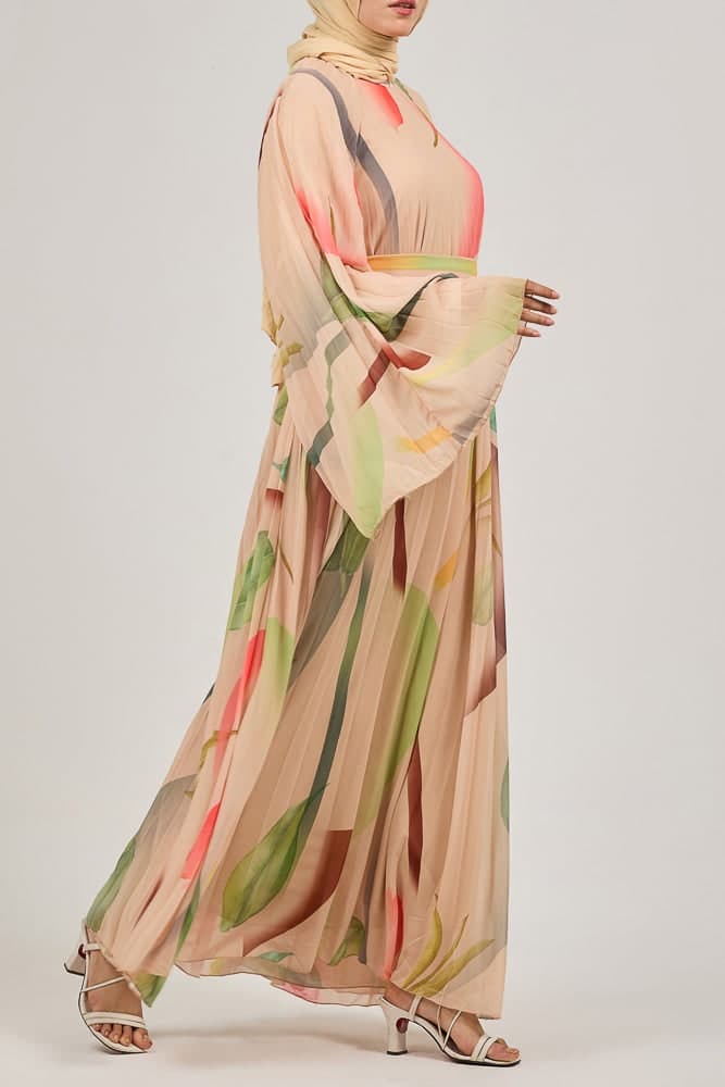 Olyndra Lush Chiffon Watercolor Floral Maxi Dress with Flared Sleeves in blush pink, view 3