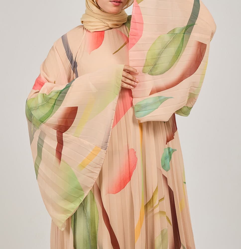 Olyndra Lush Chiffon Watercolor Floral Maxi Dress with Flared Sleeves in blush pink, view 7