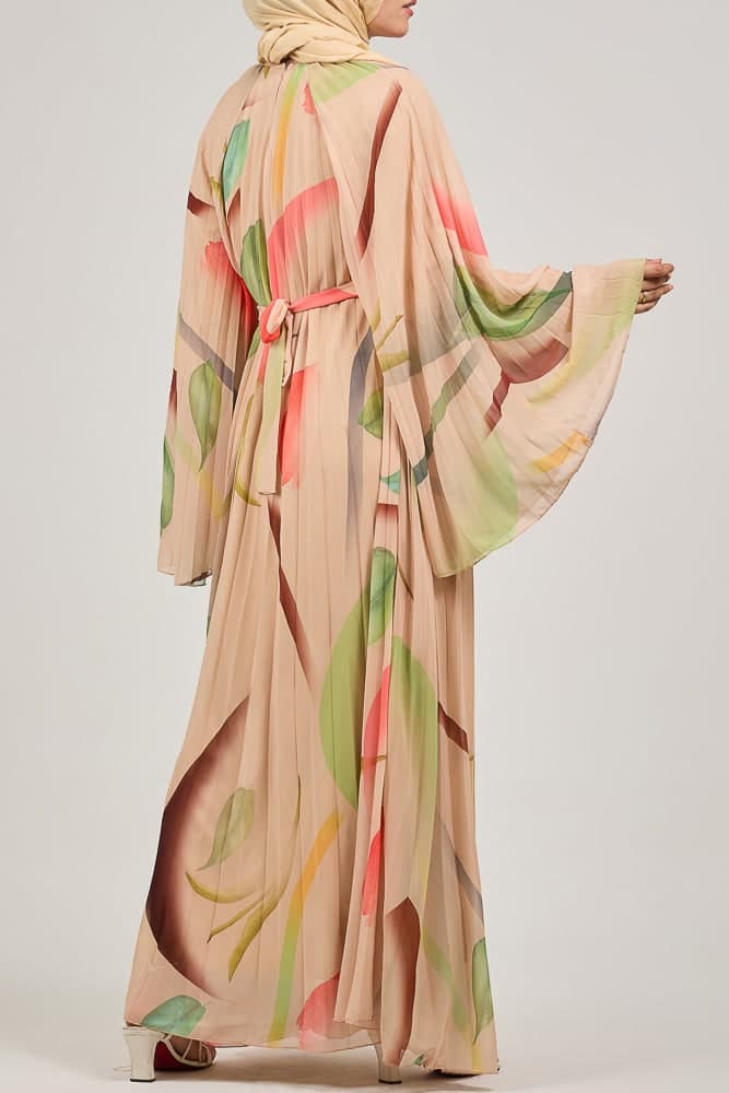 Olyndra Lush Chiffon Watercolor Floral Maxi Dress with Flared Sleeves in blush pink, view 5