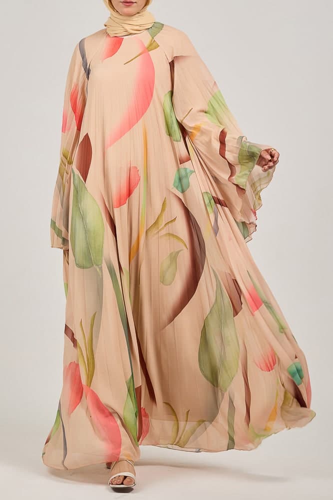 Olyndra Lush Chiffon Watercolor Floral Maxi Dress with Flared Sleeves in blush pink, view 6