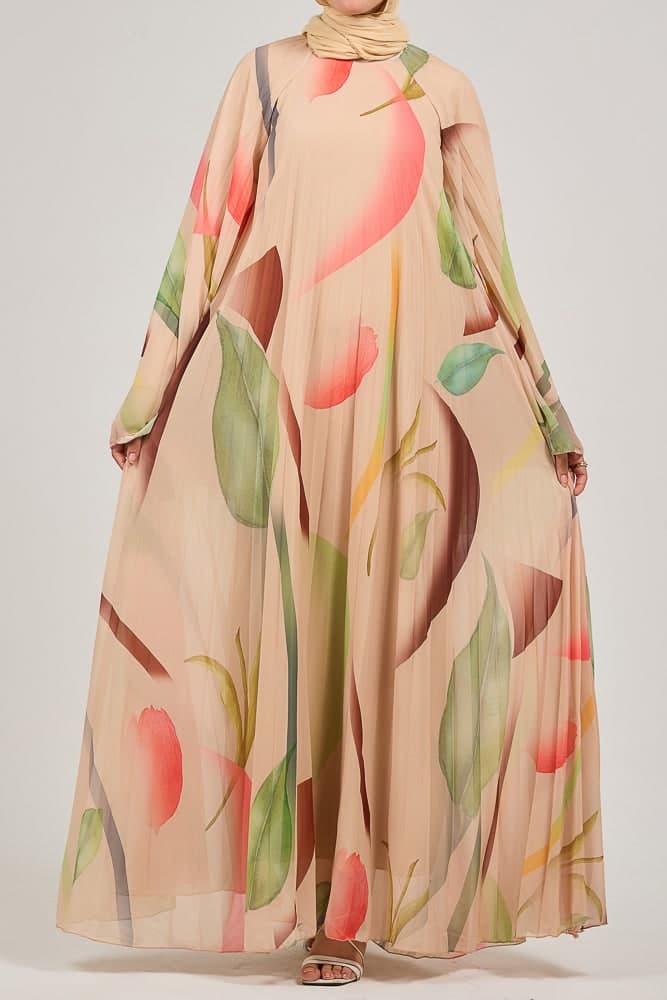 Olyndra Lush Chiffon Watercolor Floral Maxi Dress with Flared Sleeves in blush pink, view 4