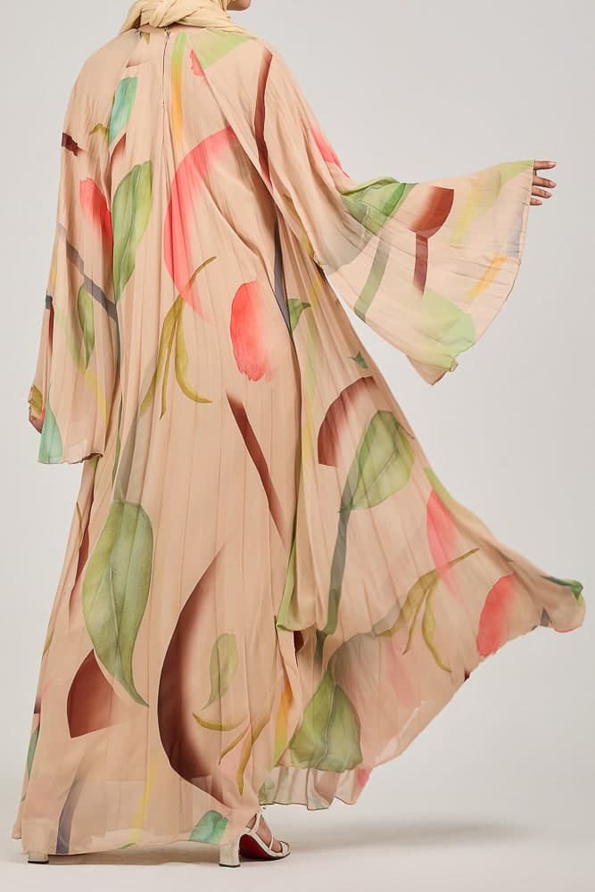 Olyndra Lush Chiffon Watercolor Floral Maxi Dress with Flared Sleeves in blush pink, view 8