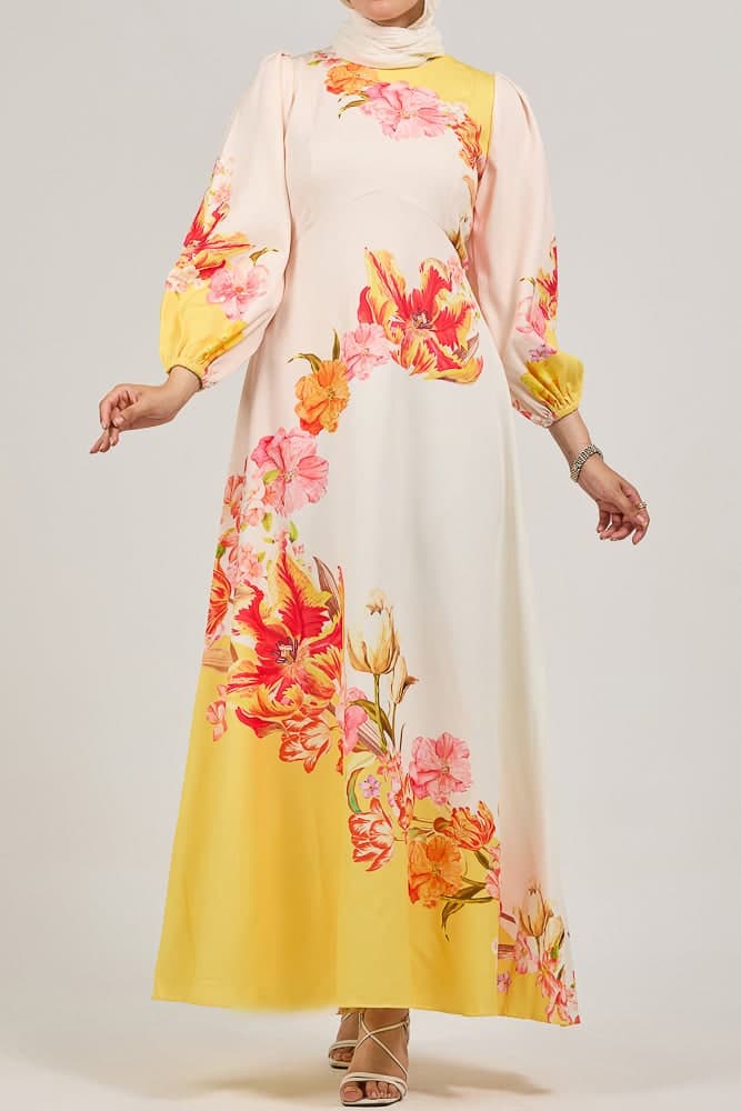 Sublime Elegance Bloom Polymix Maxi Dress with Floral Print in creamy yellow, view 5