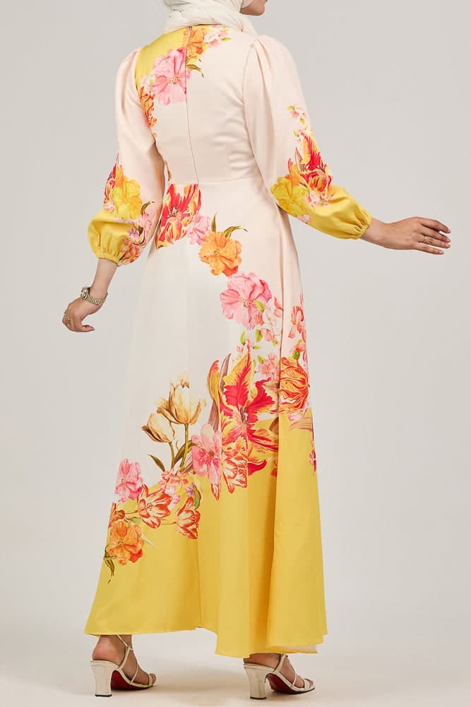 Sublime Elegance Bloom Polymix Maxi Dress with Floral Print in creamy yellow, view 8