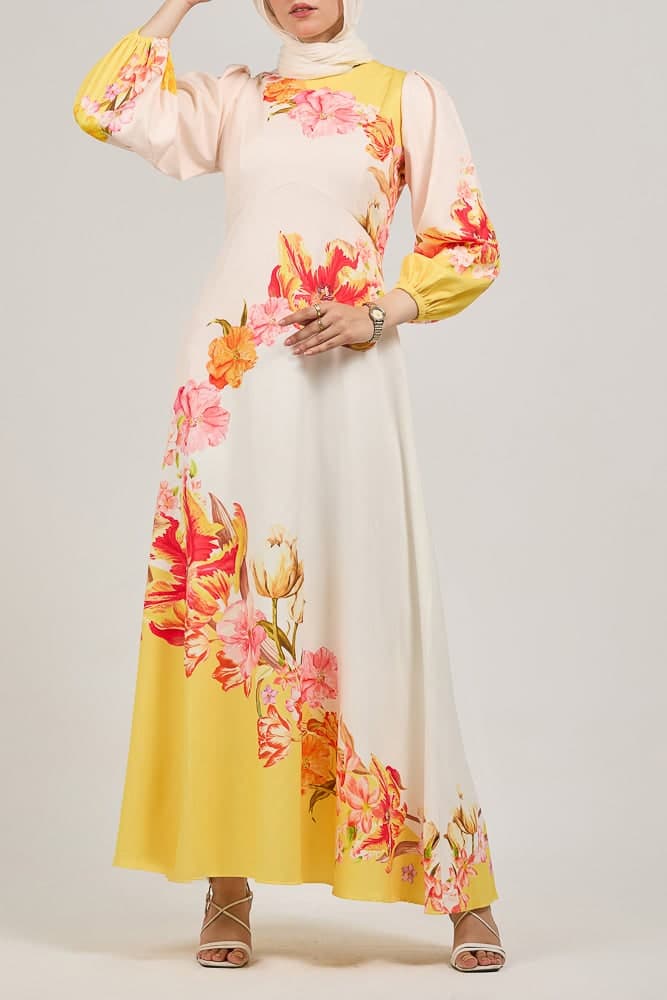 Sublime Elegance Bloom Polymix Maxi Dress with Floral Print in creamy yellow, view 6