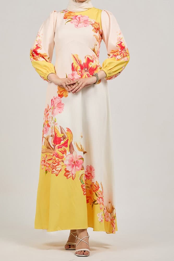 Sublime Elegance Bloom Polymix Maxi Dress with Floral Print in creamy yellow, view 7