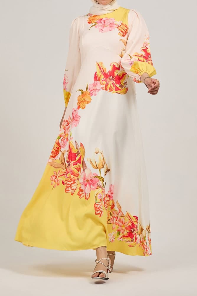 Sublime Elegance Bloom Polymix Maxi Dress with Floral Print in creamy yellow, view 3
