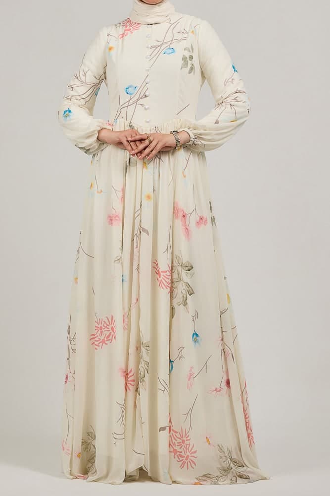 Ethereal Enchanting Blossom Chiffon Maxi Dress with Long Sleeves in ivory, view 5