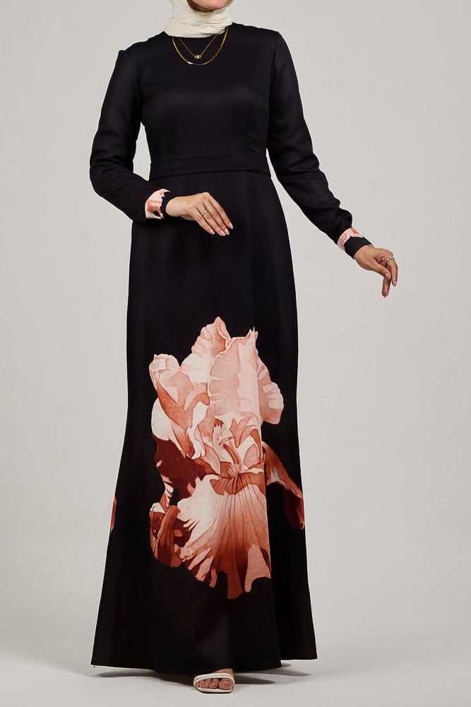 Aura Elegance Floral Maxi Dress with Petal Accents in black, view 6