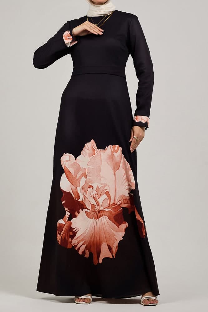 Aura Elegance Floral Maxi Dress with Petal Accents in black, view 5