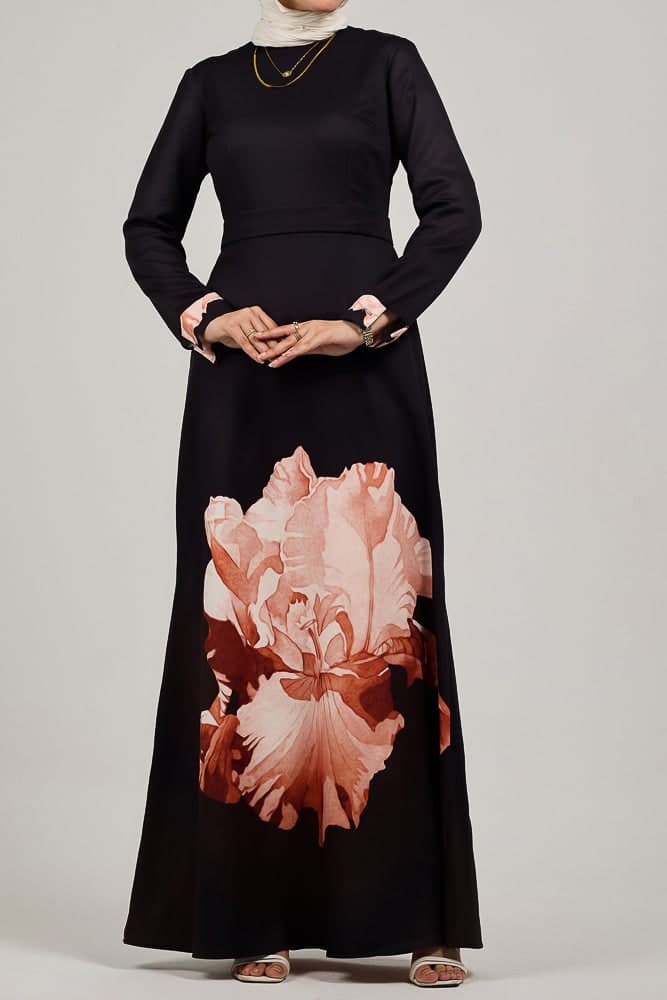 Aura Elegance Floral Maxi Dress with Petal Accents in black, view 4