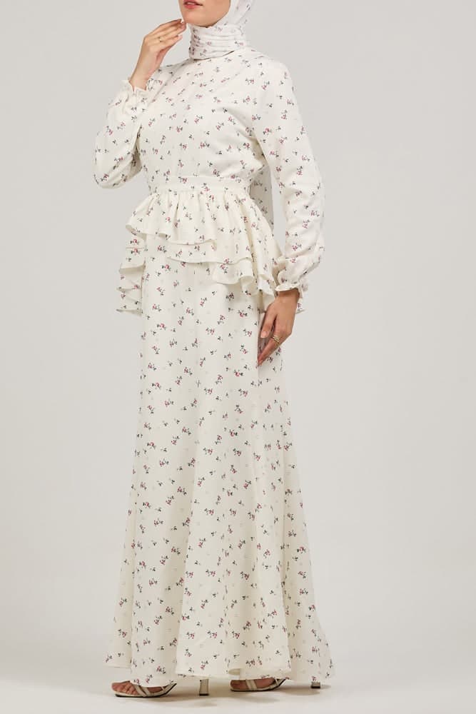 Serene Delicate Floral Crepe Polyester Maxi Dress with Layered Peplum in ivory, view 4