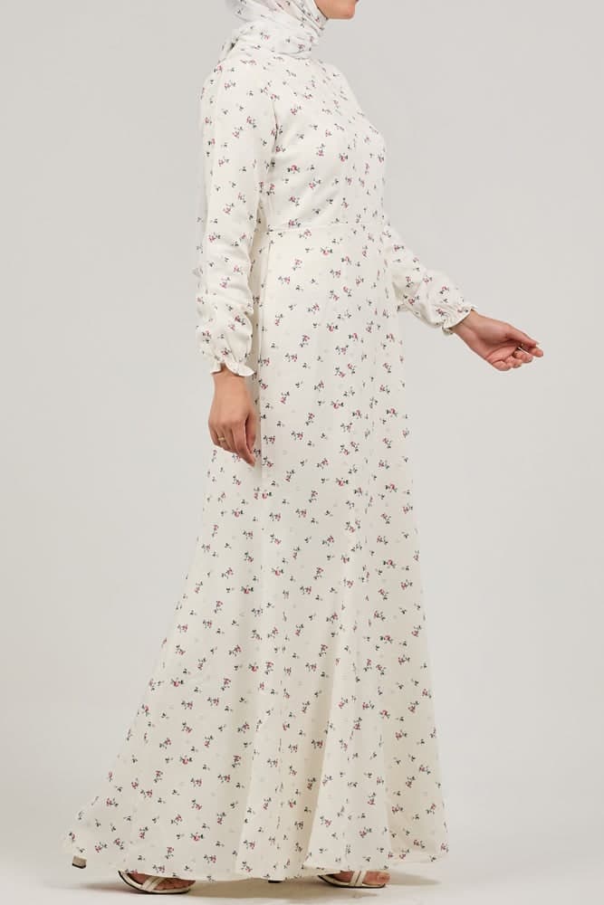 Serene Delicate Floral Crepe Polyester Maxi Dress with Layered Peplum in ivory, view 6