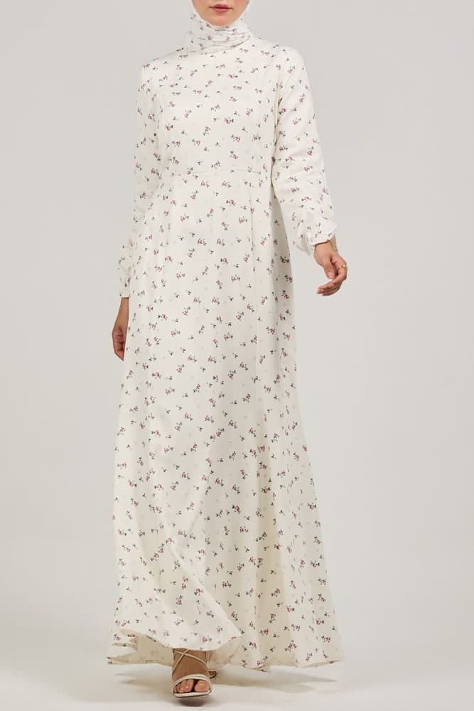 Serene Delicate Floral Crepe Polyester Maxi Dress with Layered Peplum in ivory, view 7
