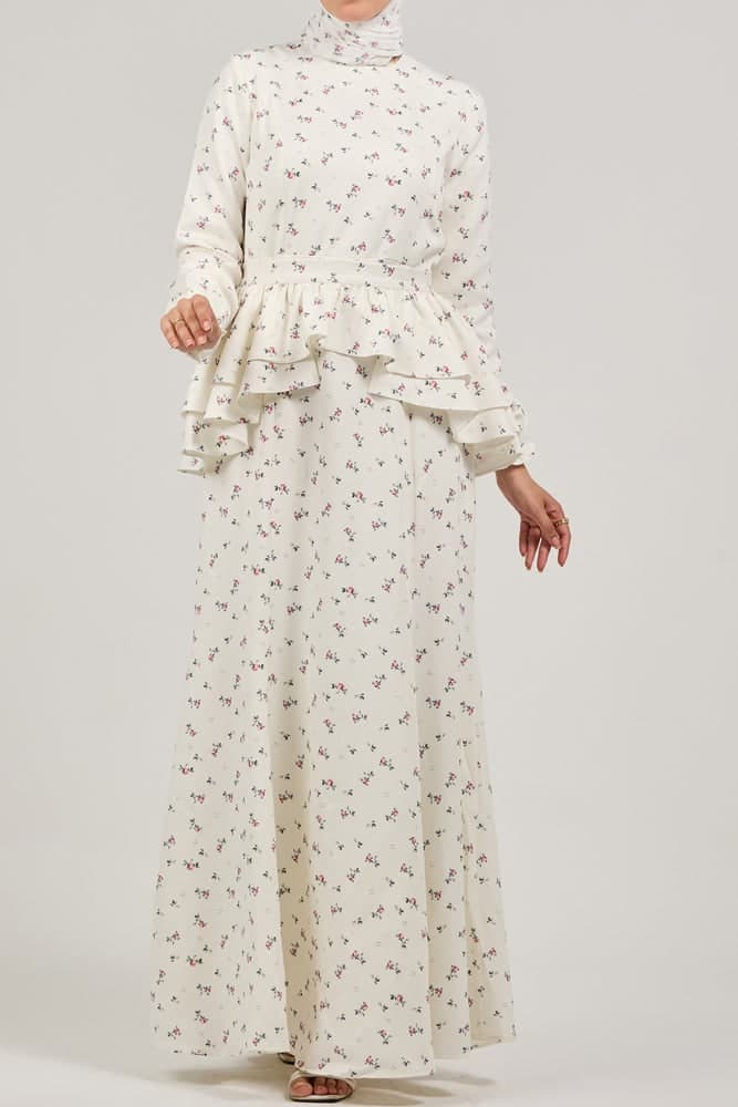 Serene Delicate Floral Crepe Polyester Maxi Dress with Layered Peplum in ivory, view 3