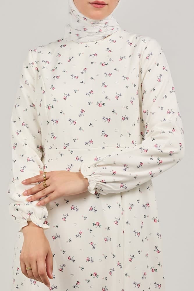 Serene Delicate Floral Crepe Polyester Maxi Dress with Layered Peplum in ivory, view 10