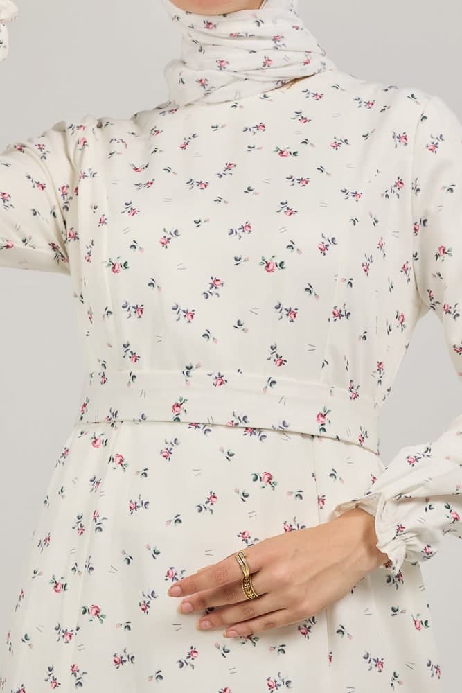 Serene Delicate Floral Crepe Polyester Maxi Dress with Layered Peplum in ivory, view 5