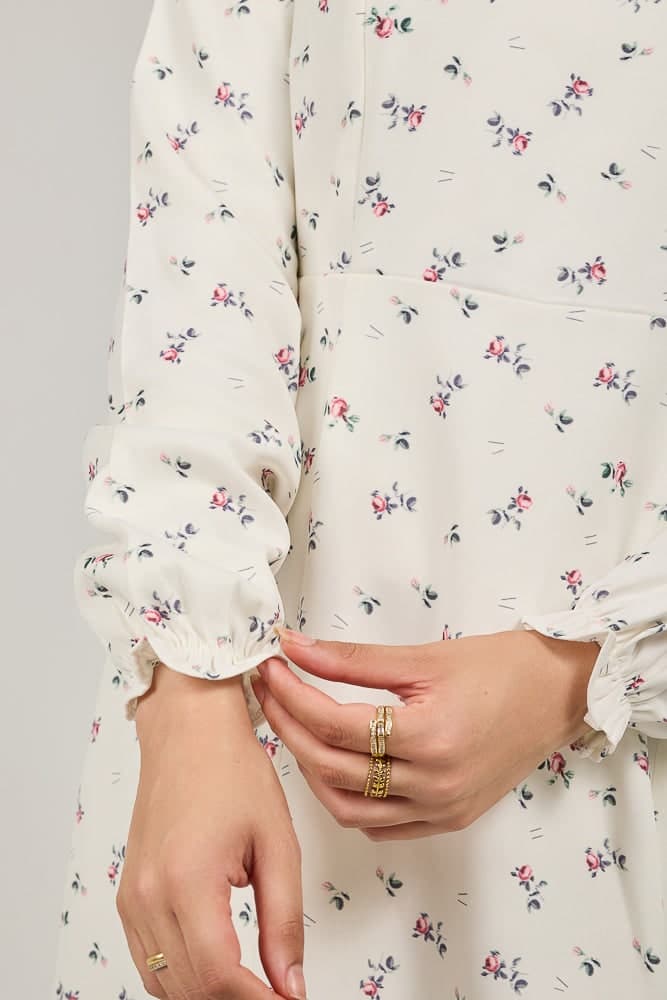Serene Delicate Floral Crepe Polyester Maxi Dress with Layered Peplum in ivory, view 9