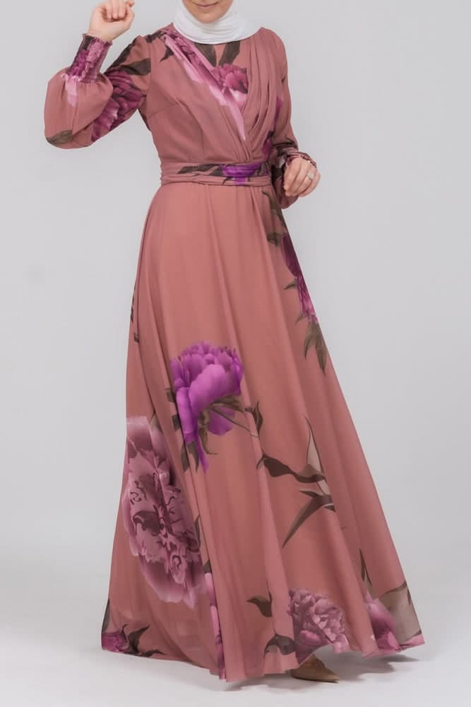 Eclat Chiffon Flared Sleeve Mock V-neck Maxi Dress in Bold Floral in black, view 4