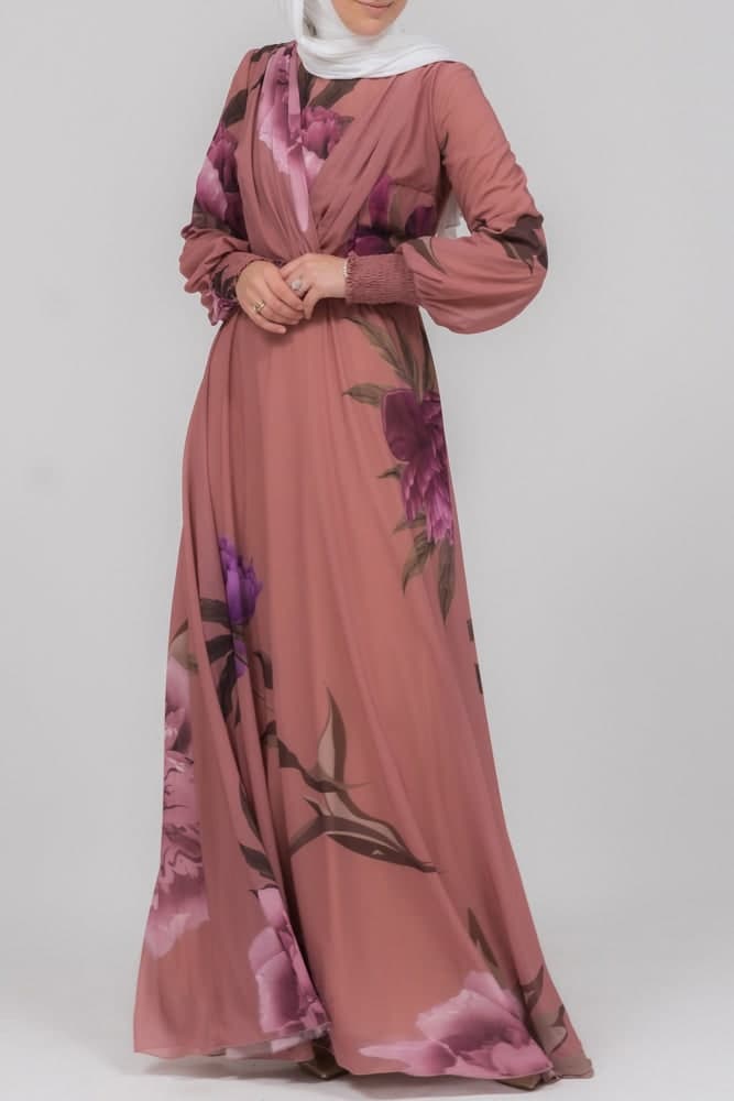 Eclat Chiffon Flared Sleeve Mock V-neck Maxi Dress in Bold Floral in black, view 3