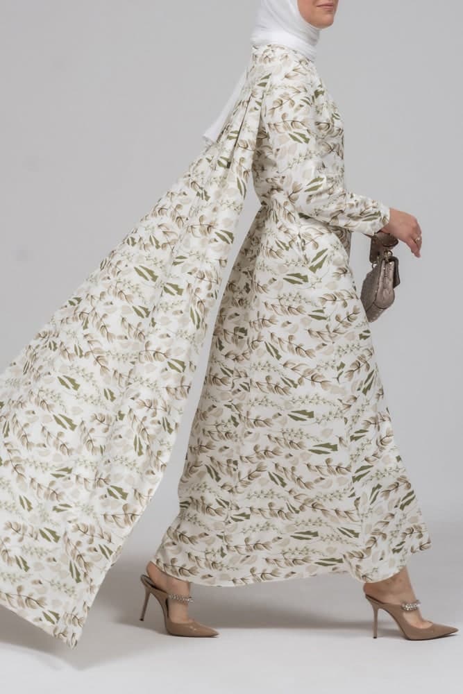 Frock Allover Pelerine Maxi Dress with Long Cape Detail in Green Floral Print, view 3