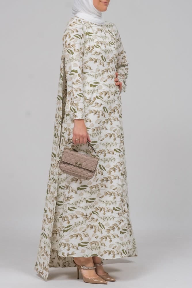 Frock Allover Pelerine Maxi Dress with Long Cape Detail in Green Floral Print, view 6