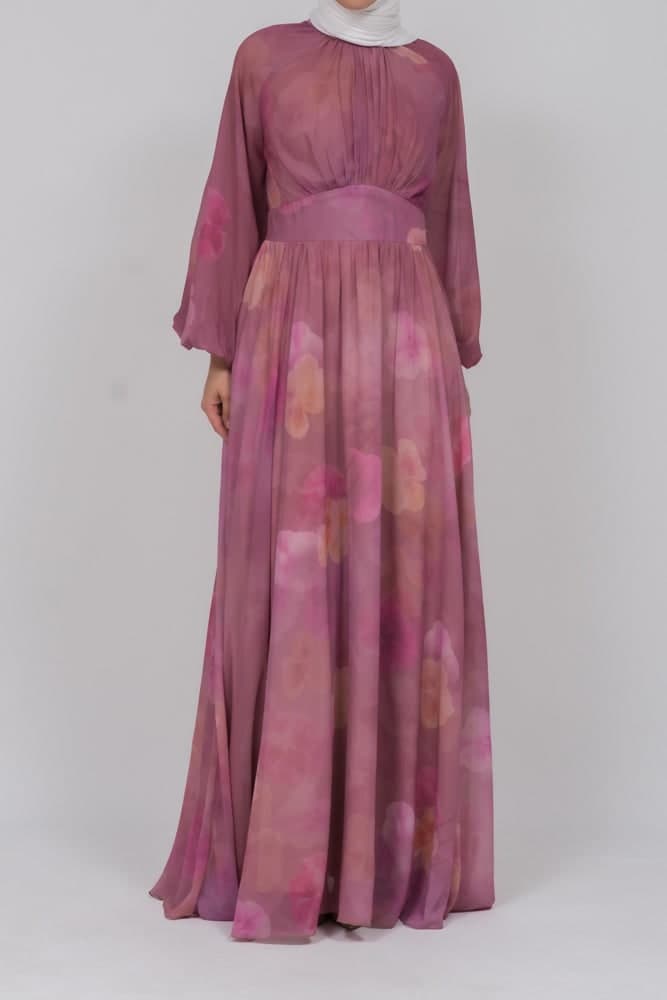 Daka Zipped Back Empire Waist Chiffon Maxi Dress in Washed Out Floral Print in pink, view 8