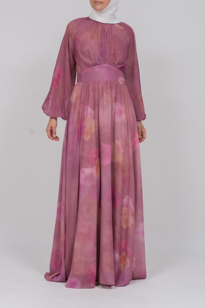 Daka Zipped Back Empire Waist Chiffon Maxi Dress in Washed Out Floral Print in pink, view 9