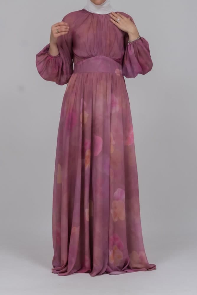 Daka Zipped Back Empire Waist Chiffon Maxi Dress in Washed Out Floral Print in pink, view 3