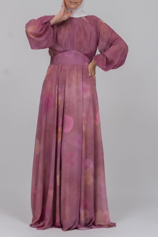 Daka Zipped Back Empire Waist Chiffon Maxi Dress in Washed Out Floral Print in pink, view 4