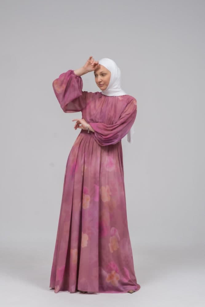 Daka Zipped Back Empire Waist Chiffon Maxi Dress in Washed Out Floral Print in pink, view 6