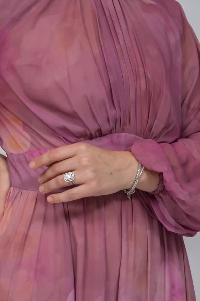 Daka Zipped Back Empire Waist Chiffon Maxi Dress in Washed Out Floral Print in pink, view 5
