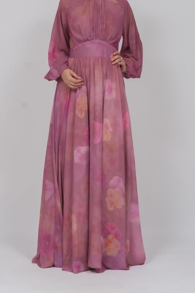Daka Zipped Back Empire Waist Chiffon Maxi Dress in Washed Out Floral Print in pink, view 7