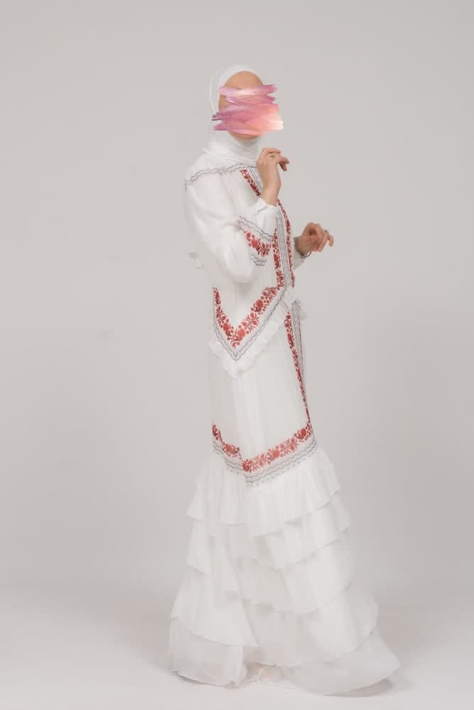 In Style Chiffon Long Sleeve Maxi Dress with Frills in Tatreez Print Ecru White, view 8