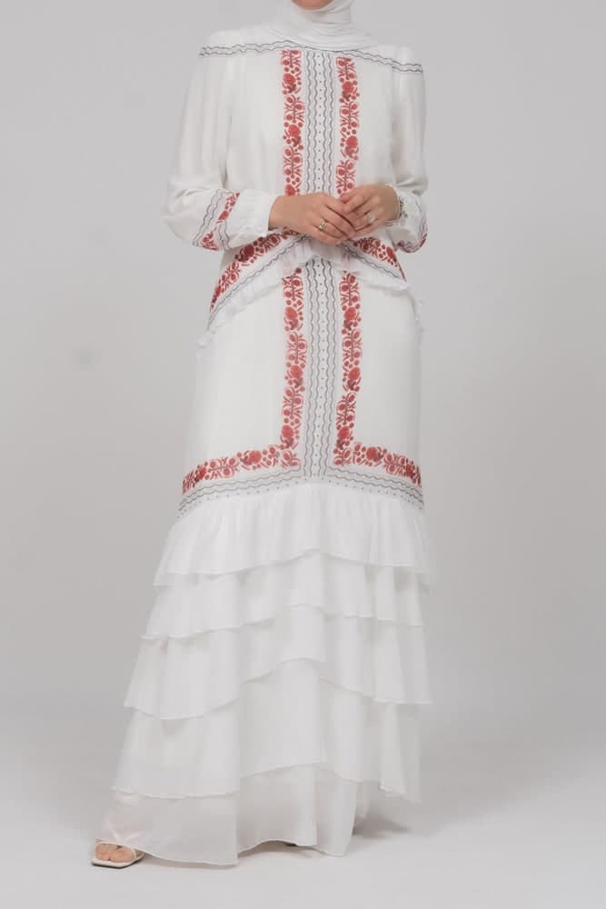 In Style Chiffon Long Sleeve Maxi Dress with Frills in Tatreez Print Ecru White, view 9