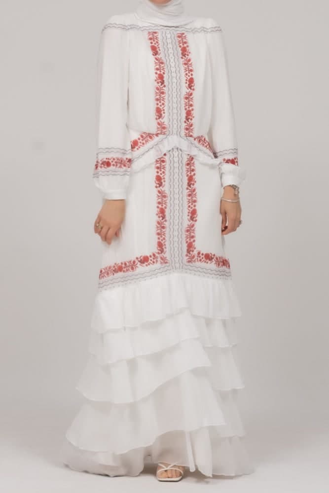 In Style Chiffon Long Sleeve Maxi Dress with Frills in Tatreez Print Ecru White, view 3