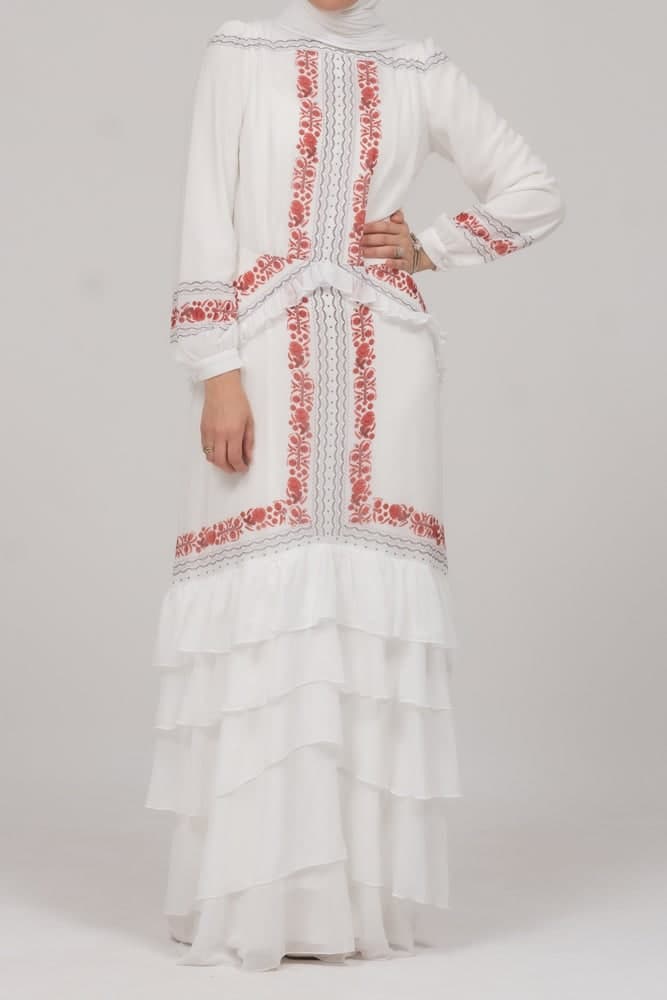 In Style Chiffon Long Sleeve Maxi Dress with Frills in Tatreez Print Ecru White, view 5