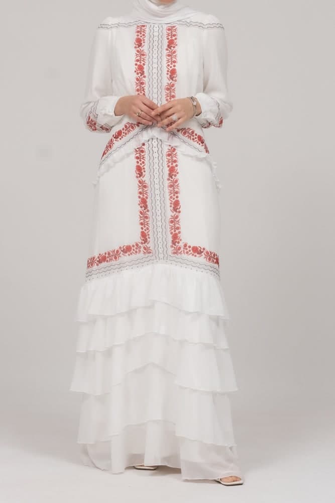 In Style Chiffon Long Sleeve Maxi Dress with Frills in Tatreez Print Ecru White, view 4