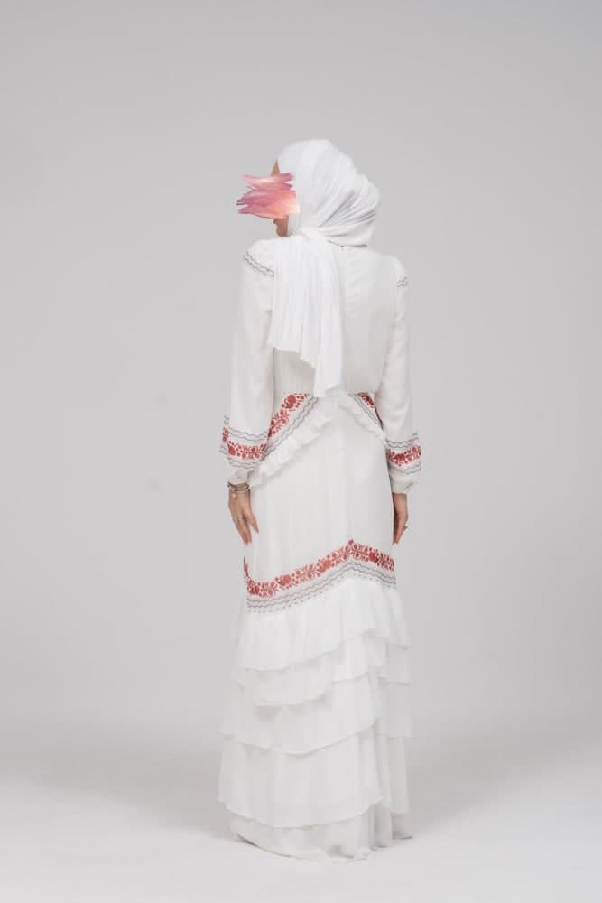 In Style Chiffon Long Sleeve Maxi Dress with Frills in Tatreez Print Ecru White, view 7