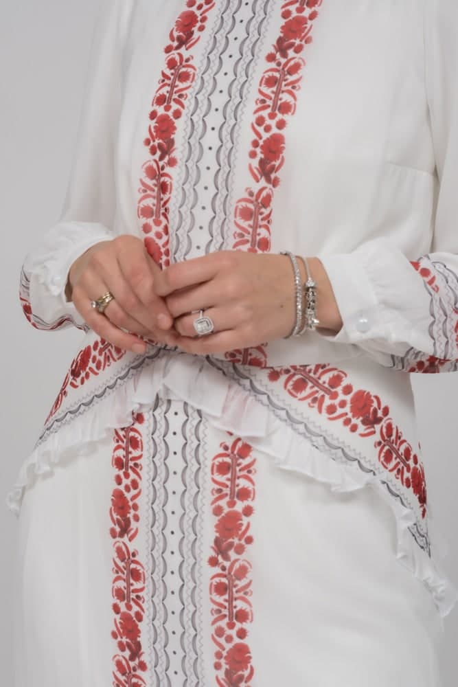 In Style Chiffon Long Sleeve Maxi Dress with Frills in Tatreez Print Ecru White, view 10