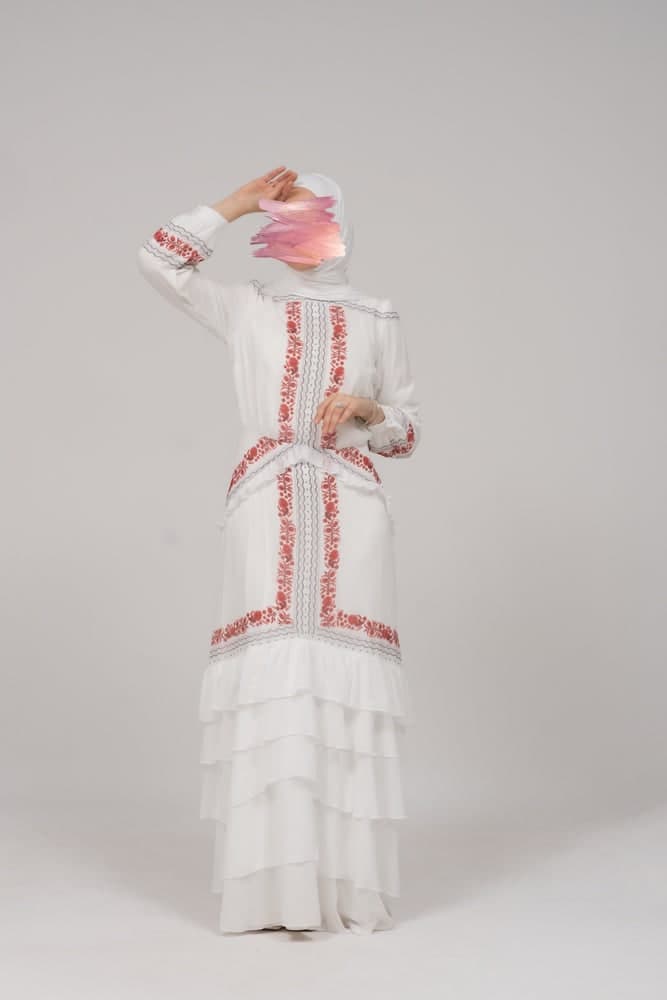 In Style Chiffon Long Sleeve Maxi Dress with Frills in Tatreez Print Ecru White, view 6
