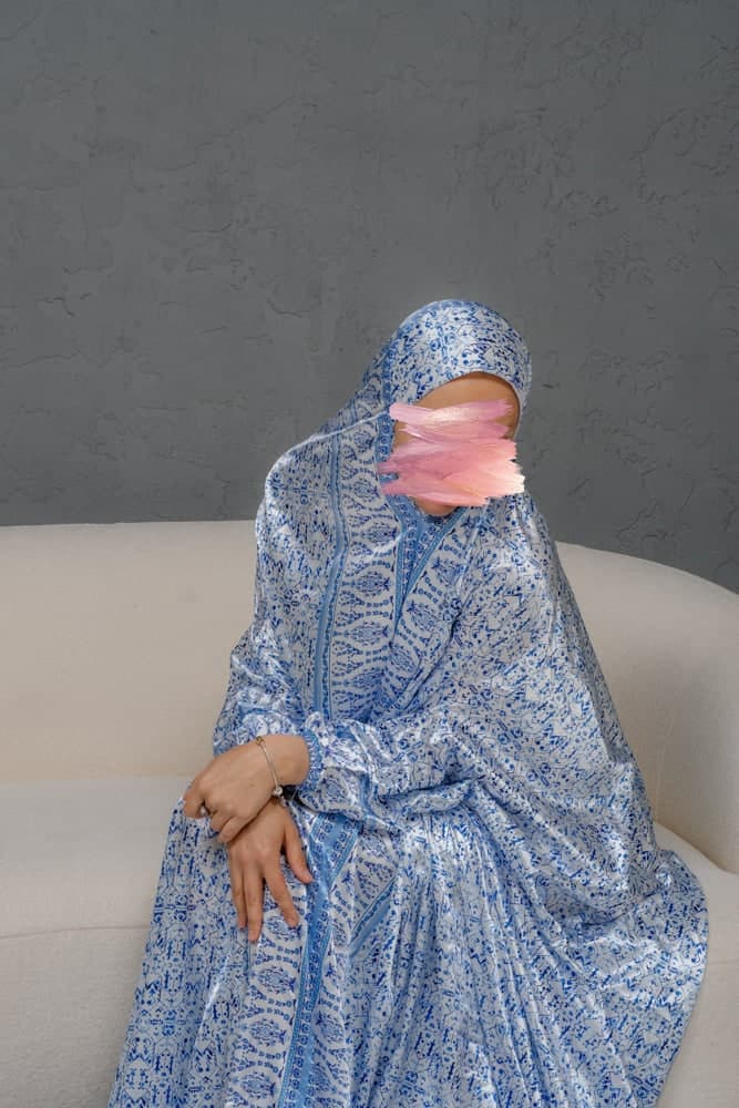 Home Prayer Gown Dress in Gzhel Print with Elasticated Cuffs and Pouch in blue, view 5